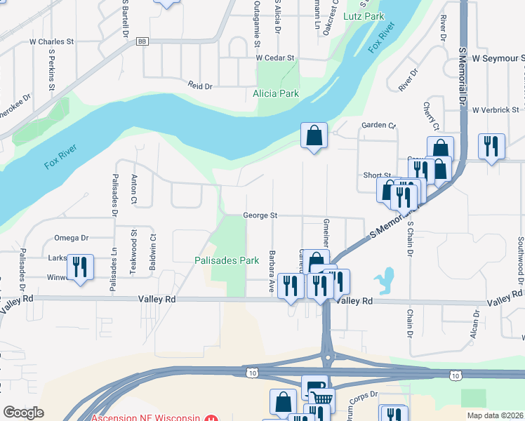 map of restaurants, bars, coffee shops, grocery stores, and more near 1410 George Street in Appleton