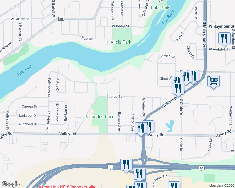 map of restaurants, bars, coffee shops, grocery stores, and more near 1410 George Street in Appleton