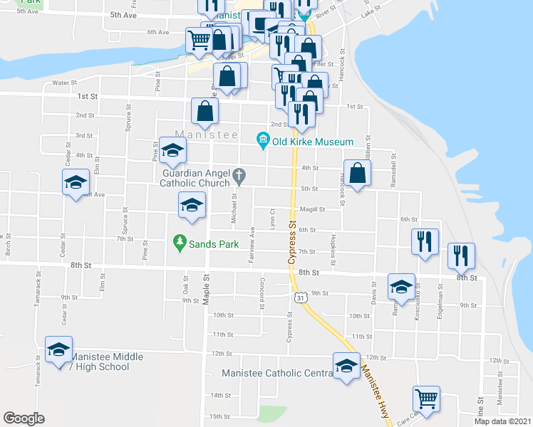 map of restaurants, bars, coffee shops, grocery stores, and more near 10 Lynn Court in Manistee