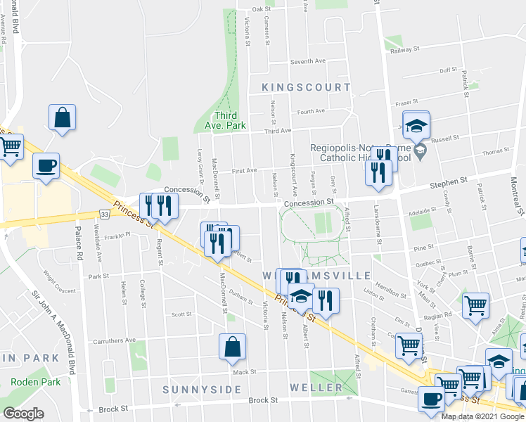 map of restaurants, bars, coffee shops, grocery stores, and more near 687 Victoria Street in Kingston