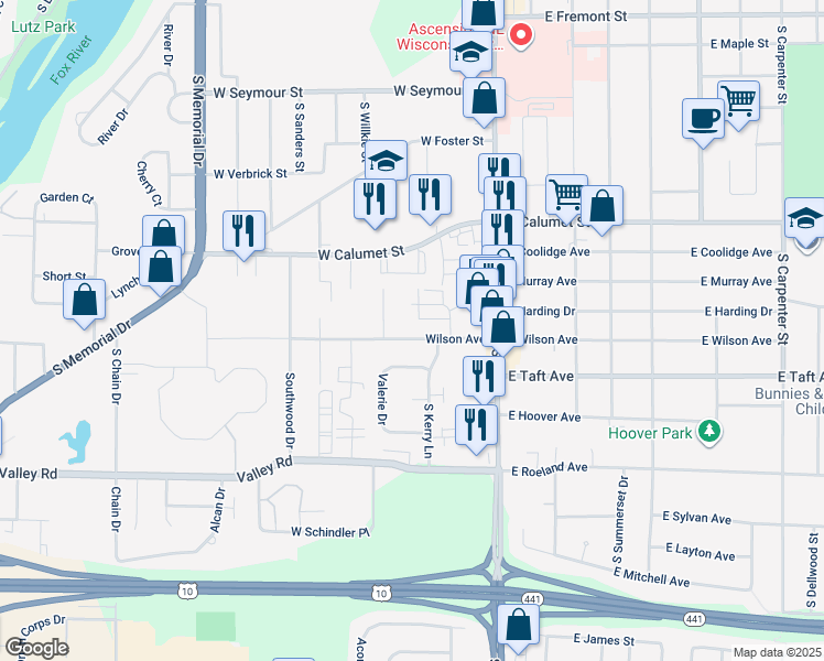 map of restaurants, bars, coffee shops, grocery stores, and more near 210 Wilson Avenue in Appleton