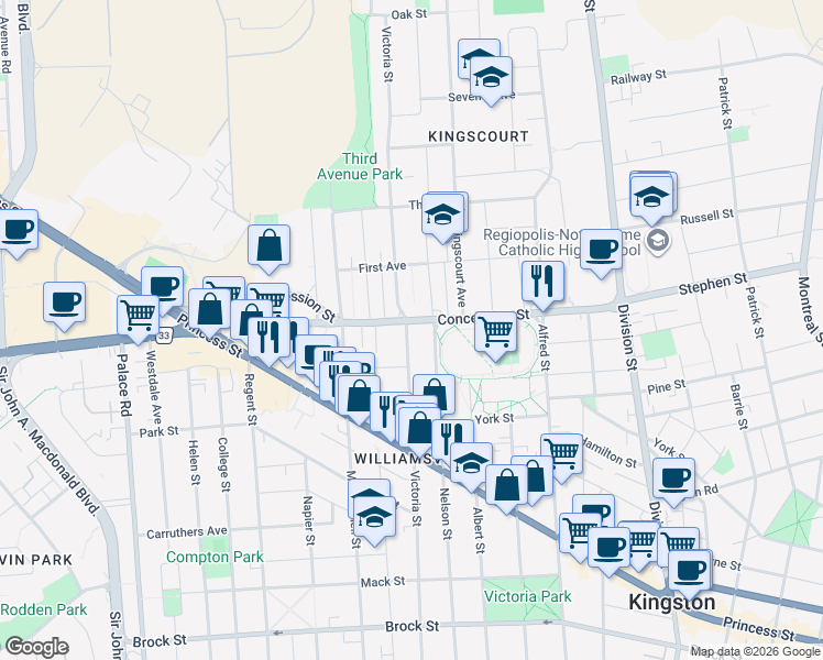 map of restaurants, bars, coffee shops, grocery stores, and more near 687 Victoria Street in Kingston