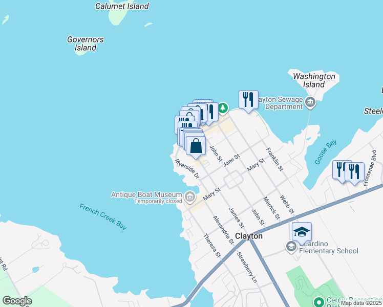 map of restaurants, bars, coffee shops, grocery stores, and more near 230 James Street in Clayton