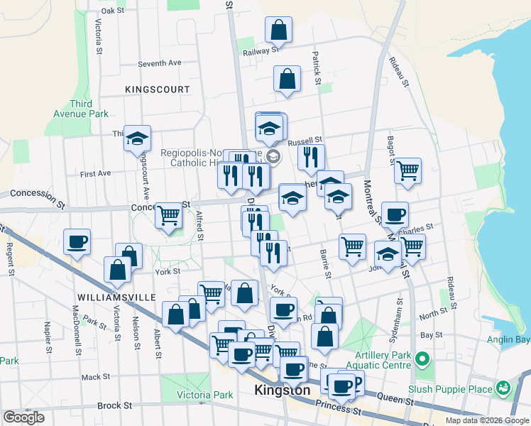 map of restaurants, bars, coffee shops, grocery stores, and more near 67 Adelaide Street in Kingston