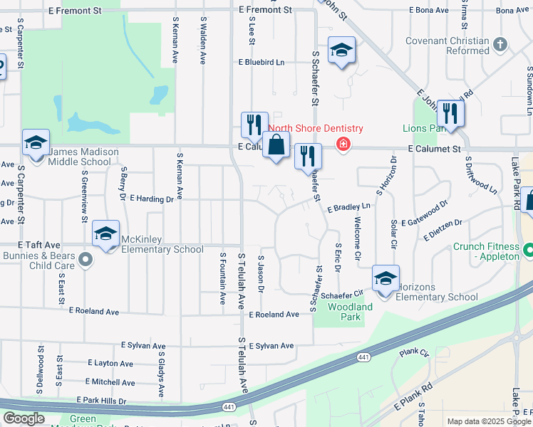 map of restaurants, bars, coffee shops, grocery stores, and more near 1645 East Harding Drive in Appleton