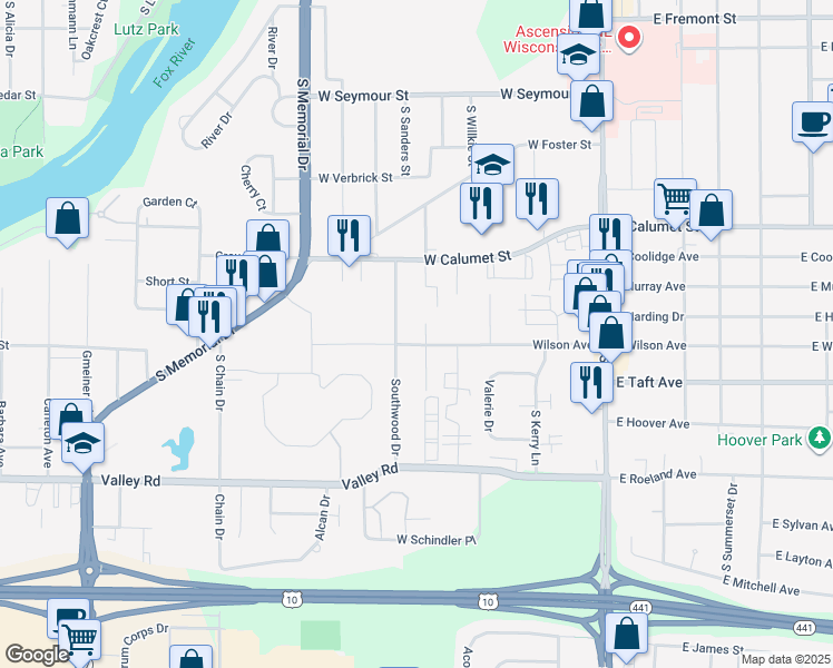 map of restaurants, bars, coffee shops, grocery stores, and more near 2323 Woodrow Court in Appleton