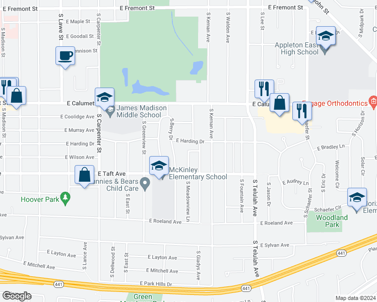 map of restaurants, bars, coffee shops, grocery stores, and more near 1621 Meadowview Lane in Appleton