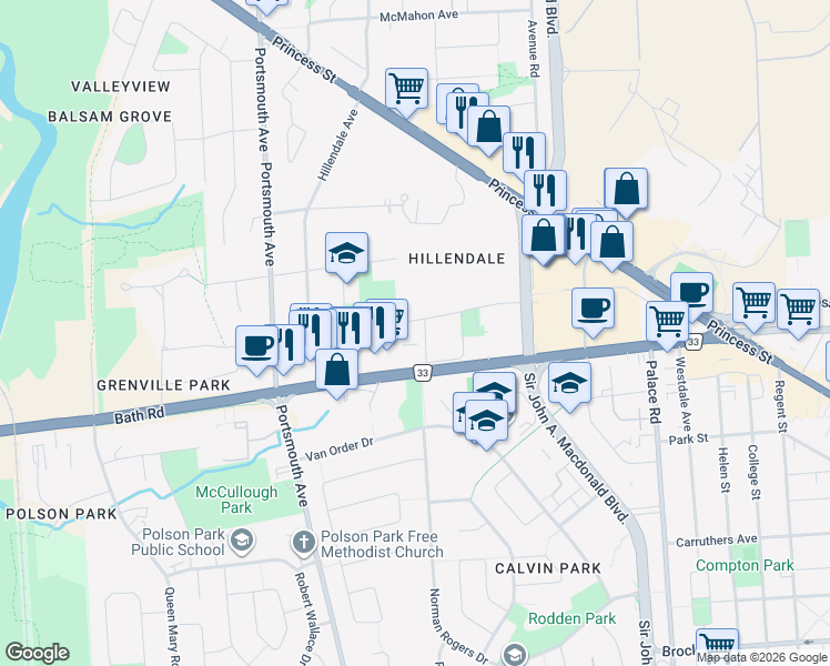 map of restaurants, bars, coffee shops, grocery stores, and more near 247 Bath Road in Kingston