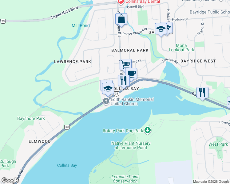 map of restaurants, bars, coffee shops, grocery stores, and more near 4069 Bath Road in Kingston
