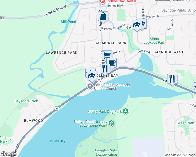 map of restaurants, bars, coffee shops, grocery stores, and more near 4069 Bath Road in Kingston
