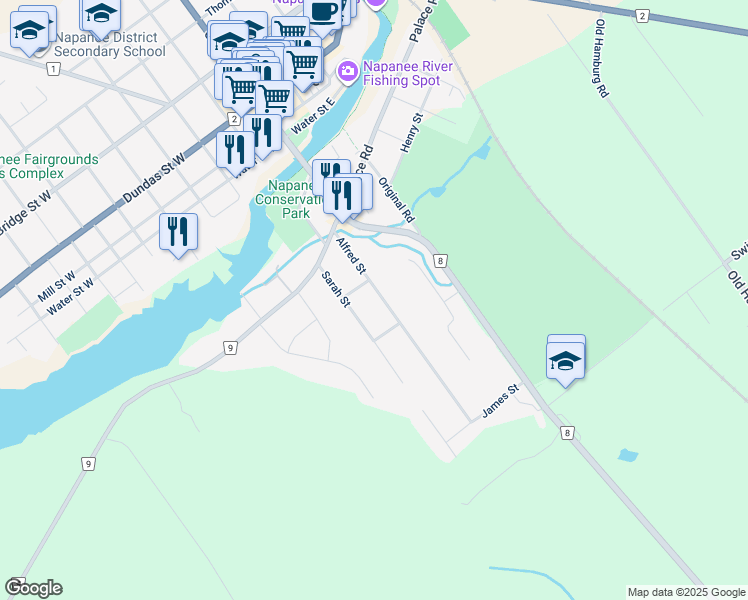 map of restaurants, bars, coffee shops, grocery stores, and more near 23 Alfred Street in Napanee