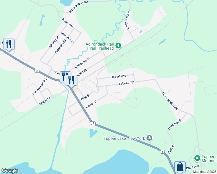 map of restaurants, bars, coffee shops, grocery stores, and more near 1 Woodland Drive in Tupper Lake