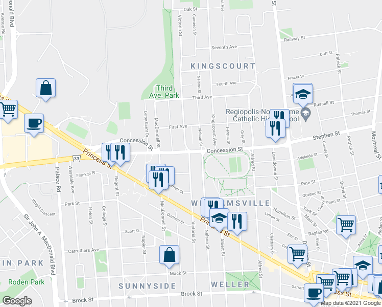 map of restaurants, bars, coffee shops, grocery stores, and more near 695 Victoria Street in Kingston