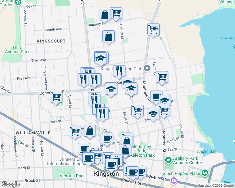 map of restaurants, bars, coffee shops, grocery stores, and more near 51 Cowdy Street in Kingston