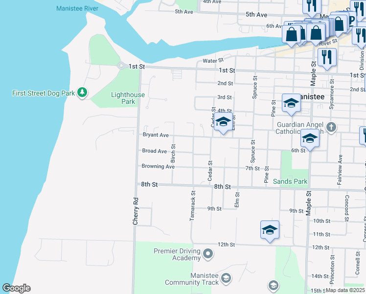 map of restaurants, bars, coffee shops, grocery stores, and more near 554-562 Broad Ave in Manistee