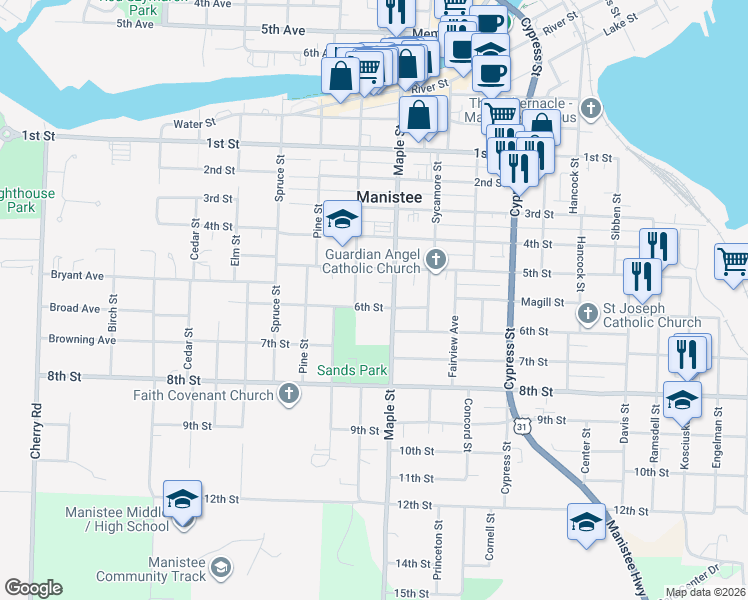 map of restaurants, bars, coffee shops, grocery stores, and more near 410 6th Street in Manistee