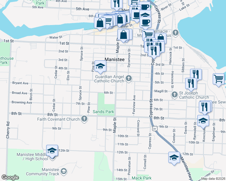 map of restaurants, bars, coffee shops, grocery stores, and more near 410 6th Street in Manistee