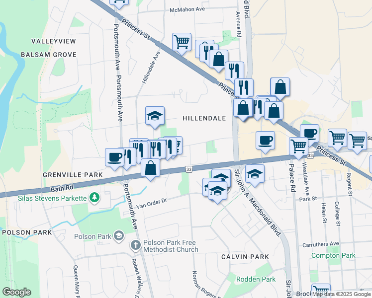map of restaurants, bars, coffee shops, grocery stores, and more near in Kingston