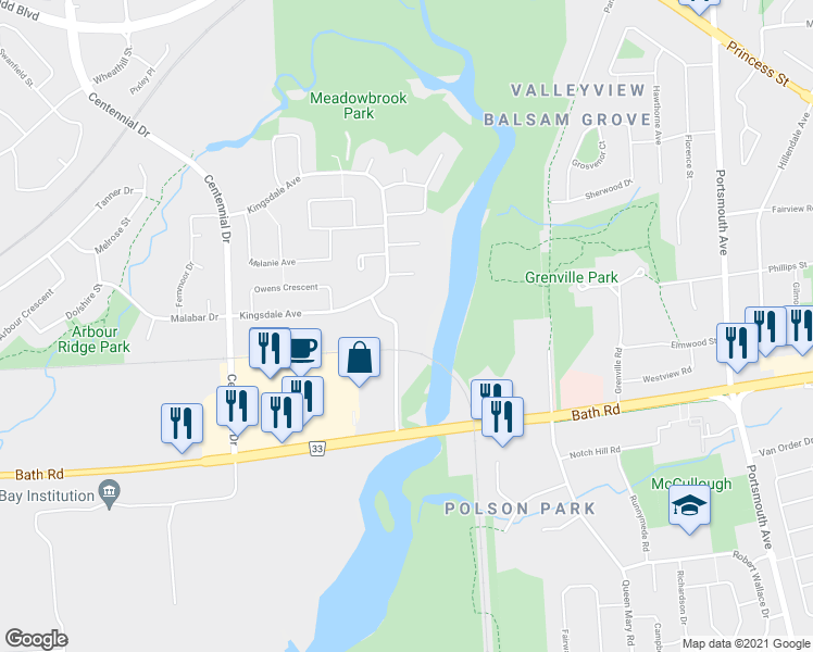 map of restaurants, bars, coffee shops, grocery stores, and more near 566 Armstrong Road in Kingston