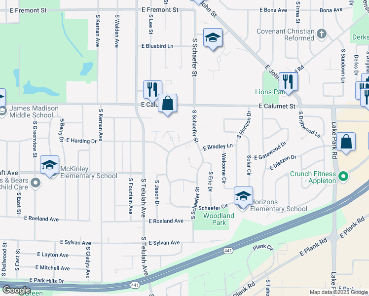 map of restaurants, bars, coffee shops, grocery stores, and more near 39 Gloria Court in Appleton
