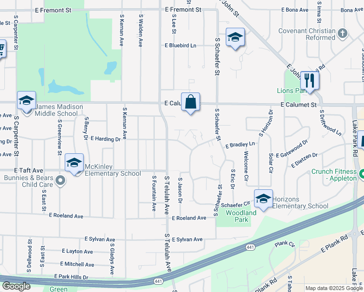 map of restaurants, bars, coffee shops, grocery stores, and more near 1645 East Harding Drive in Appleton