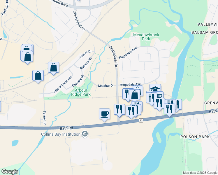 map of restaurants, bars, coffee shops, grocery stores, and more near 385 Malabar Drive in Kingston