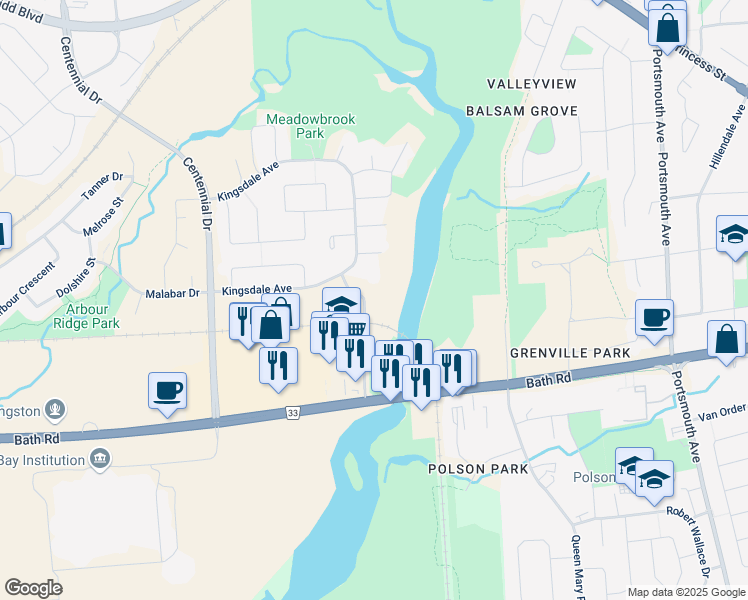 map of restaurants, bars, coffee shops, grocery stores, and more near 566 Armstrong Road in Kingston