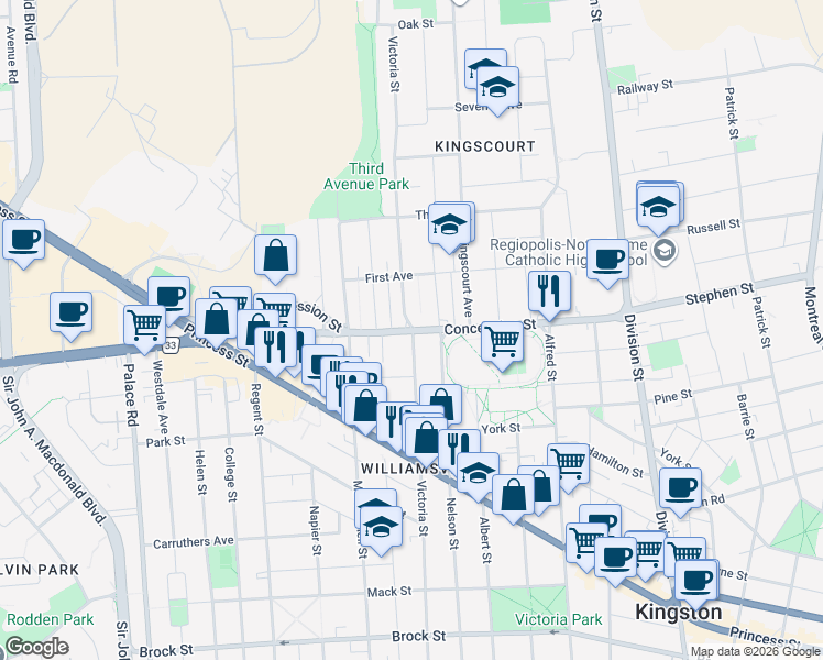 map of restaurants, bars, coffee shops, grocery stores, and more near Concession Street in Kingston