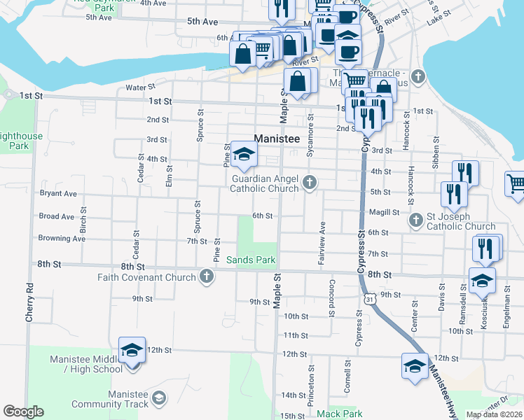 map of restaurants, bars, coffee shops, grocery stores, and more near 418 6th Street in Manistee