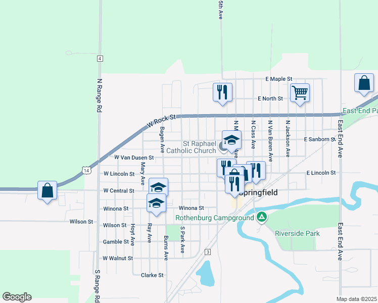 map of restaurants, bars, coffee shops, grocery stores, and more near 210 West Van Dusen Street in Springfield