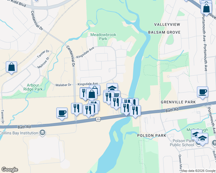 map of restaurants, bars, coffee shops, grocery stores, and more near in Kingston
