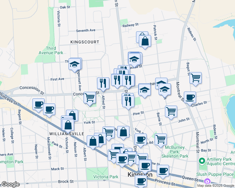 map of restaurants, bars, coffee shops, grocery stores, and more near 71 Lansdowne Street in Kingston