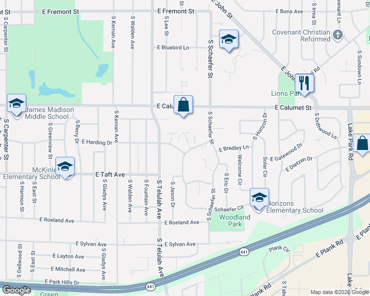 map of restaurants, bars, coffee shops, grocery stores, and more near 1524 Schaefer Circle in Appleton