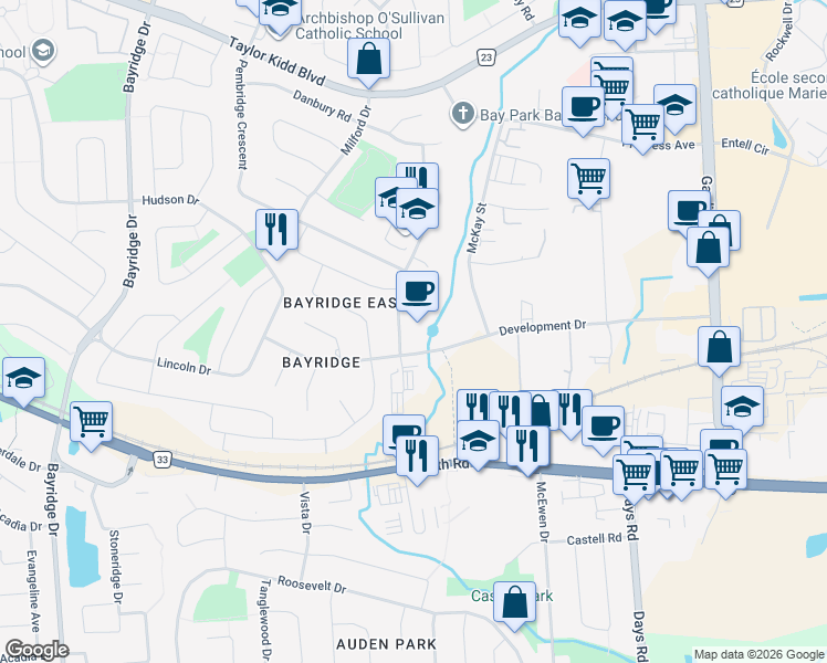 map of restaurants, bars, coffee shops, grocery stores, and more near 840 Development Drive in Kingston
