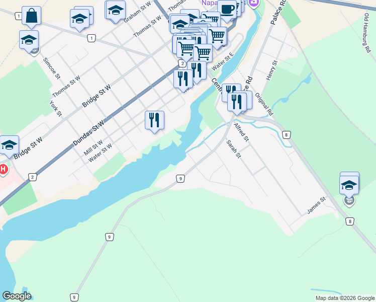map of restaurants, bars, coffee shops, grocery stores, and more near 71 River Road in Napanee
