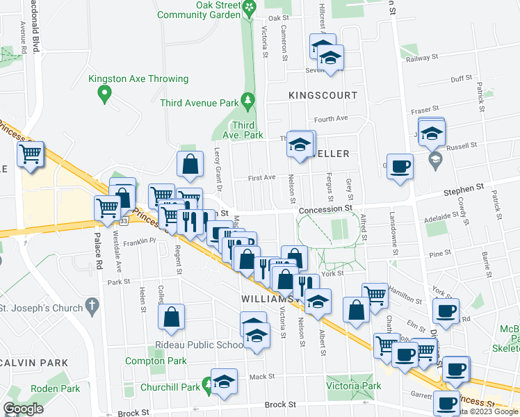 map of restaurants, bars, coffee shops, grocery stores, and more near 203 Concession Street in Kingston
