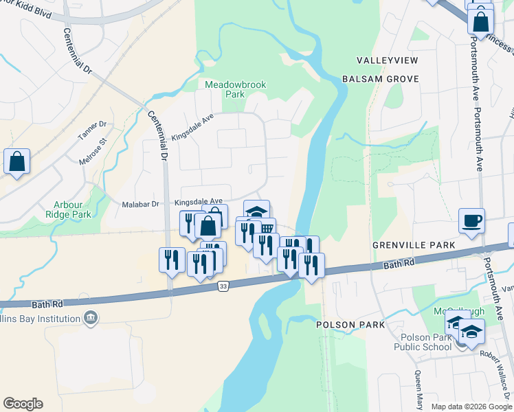 map of restaurants, bars, coffee shops, grocery stores, and more near 573 Armstrong Road in Kingston