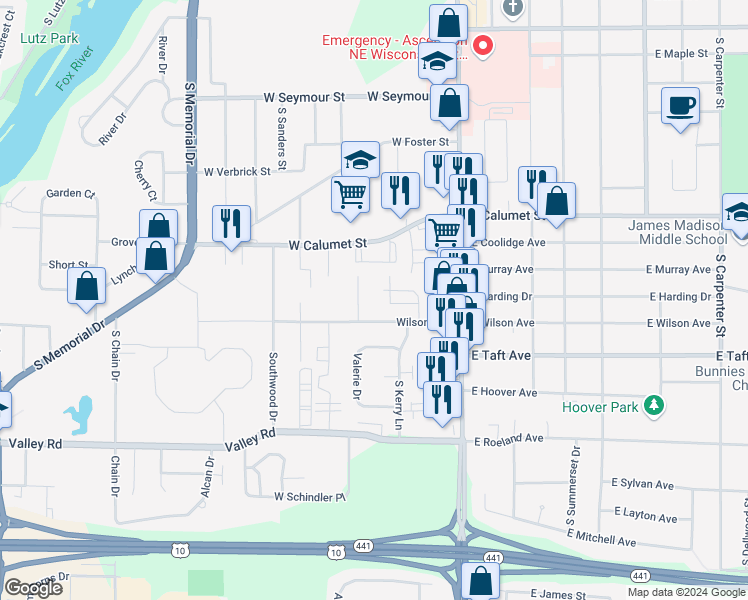 map of restaurants, bars, coffee shops, grocery stores, and more near 217 Royal Court in Appleton