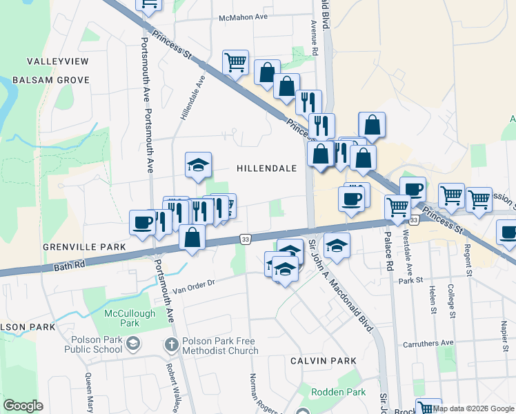 map of restaurants, bars, coffee shops, grocery stores, and more near 227 Bath Road in Kingston