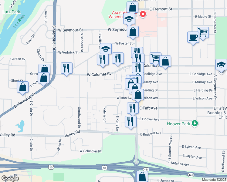 map of restaurants, bars, coffee shops, grocery stores, and more near 210 Wilson Avenue in Appleton