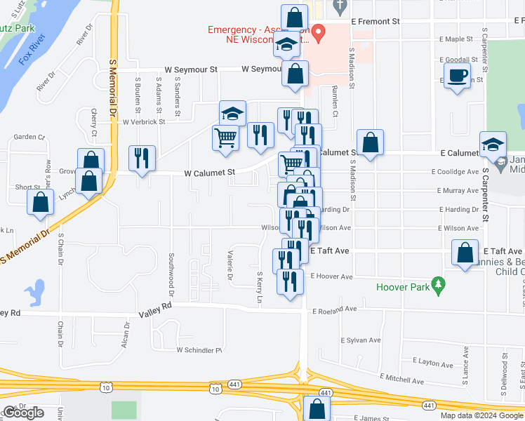 map of restaurants, bars, coffee shops, grocery stores, and more near 209 Royal Court in Appleton