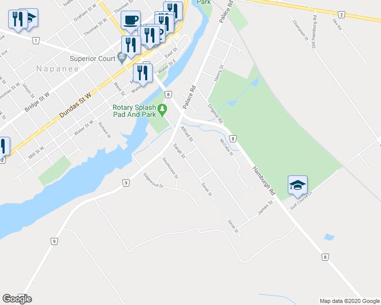 map of restaurants, bars, coffee shops, grocery stores, and more near Briggs Street in Napanee