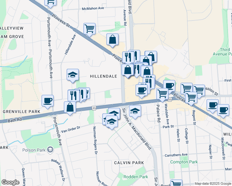 map of restaurants, bars, coffee shops, grocery stores, and more near 20 Elmwood Street in Kingston
