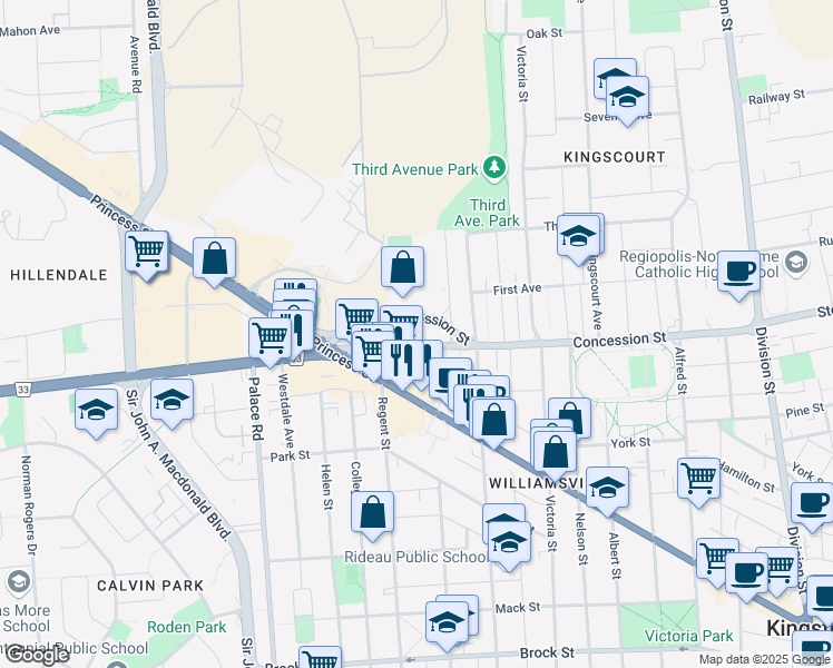 map of restaurants, bars, coffee shops, grocery stores, and more near in Kingston