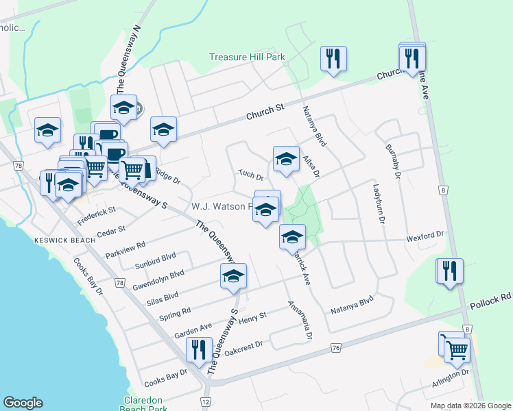 map of restaurants, bars, coffee shops, grocery stores, and more near 11 Fontaine Drive in Georgina