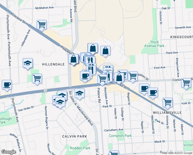 map of restaurants, bars, coffee shops, grocery stores, and more near in Kingston
