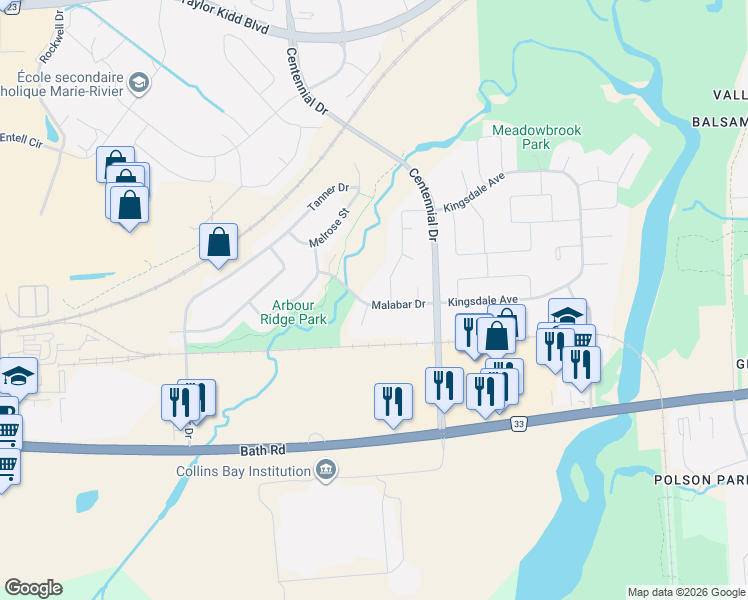 map of restaurants, bars, coffee shops, grocery stores, and more near in Kingston