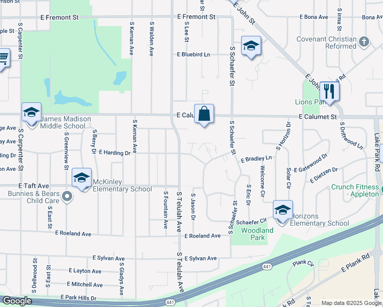 map of restaurants, bars, coffee shops, grocery stores, and more near 1645 East Harding Drive in Appleton