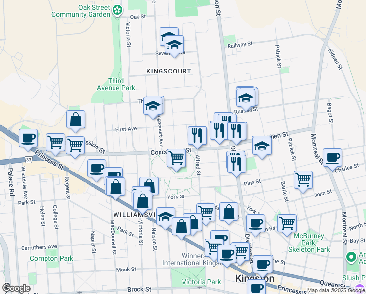 map of restaurants, bars, coffee shops, grocery stores, and more near in Kingston