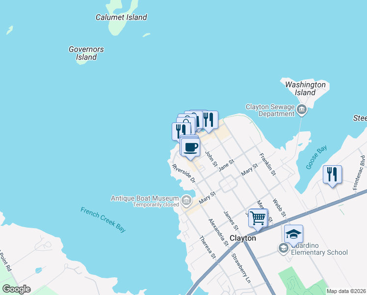 map of restaurants, bars, coffee shops, grocery stores, and more near in Clayton